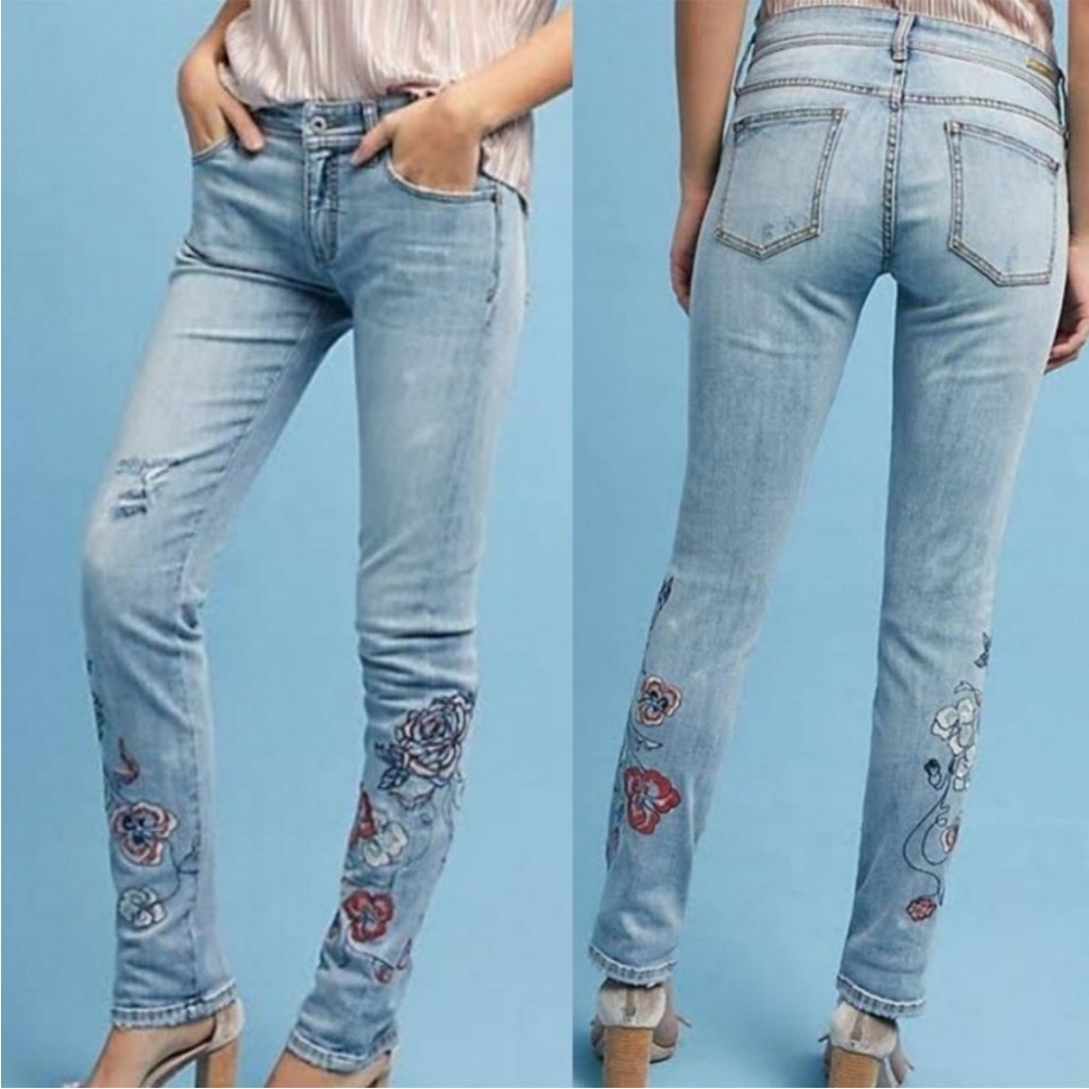 ANTHROPOLOGIE PILCRO Slim Boyfriend Embroidered Flower distressed Jeans Size 25